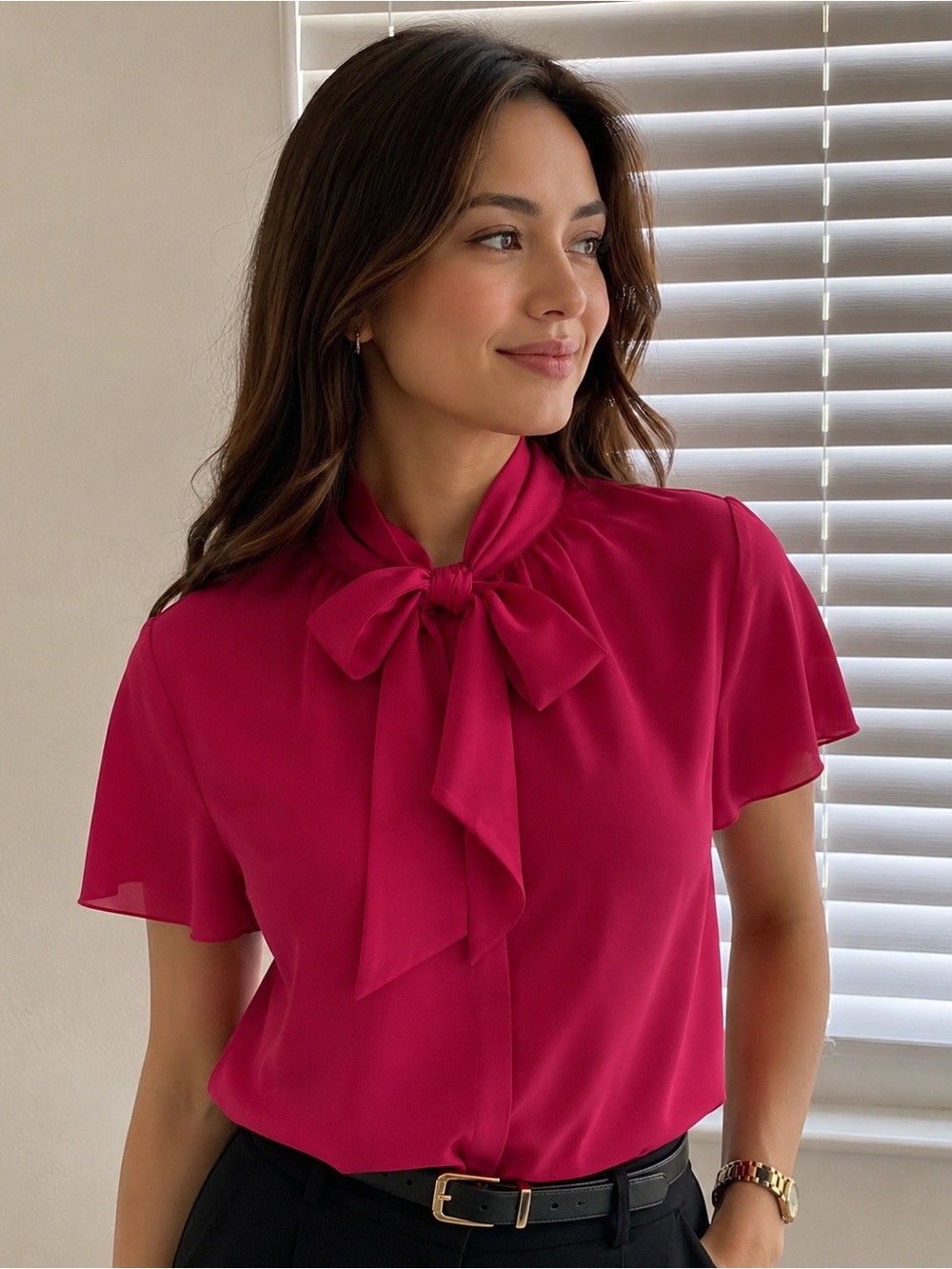 Banana Republic Bow-Tie Neck Short Sleeve Blouse - Fuchsia